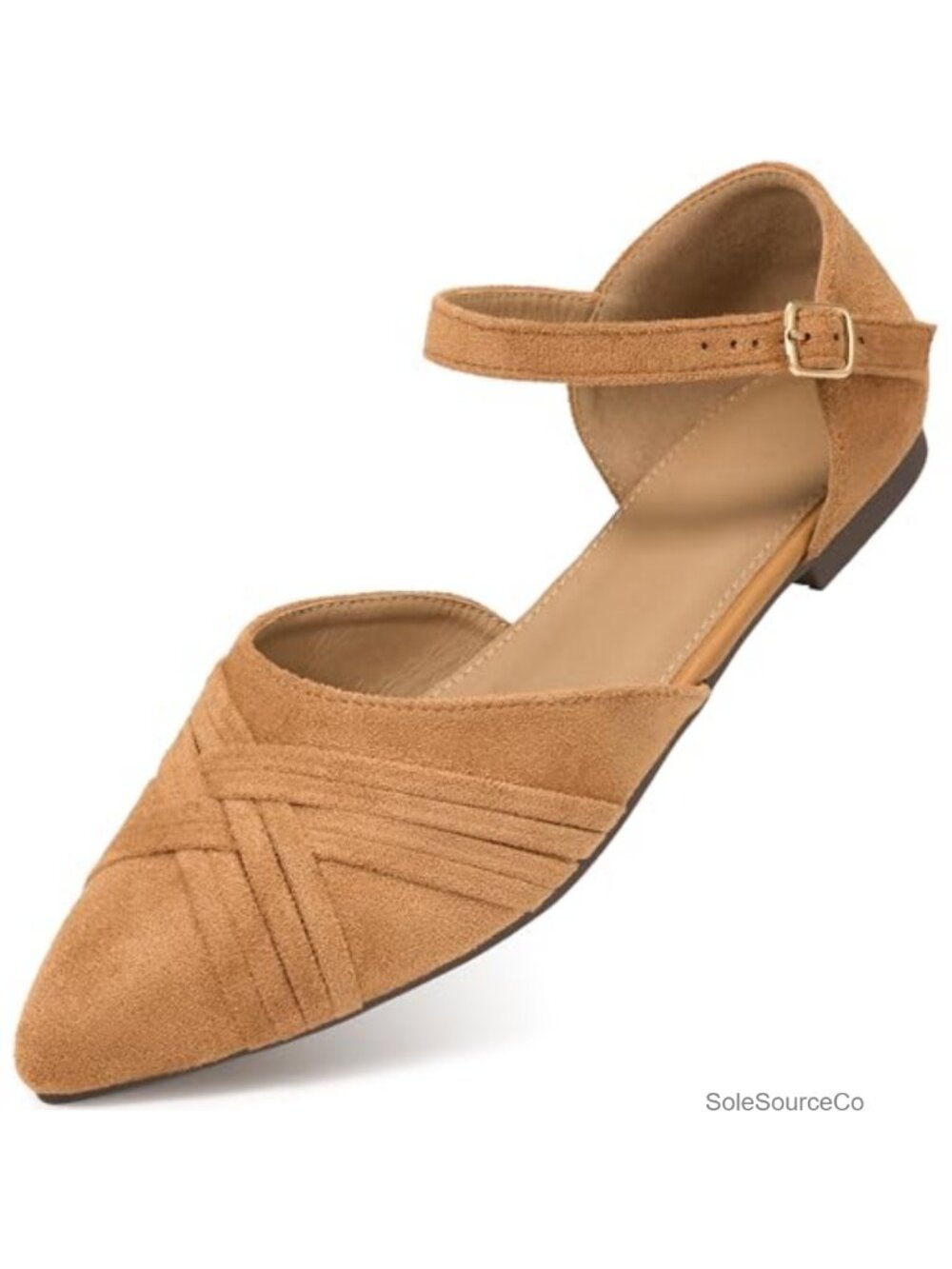 Women's Suede Walking Flats with Pointed Toe & Adjustable Buckle